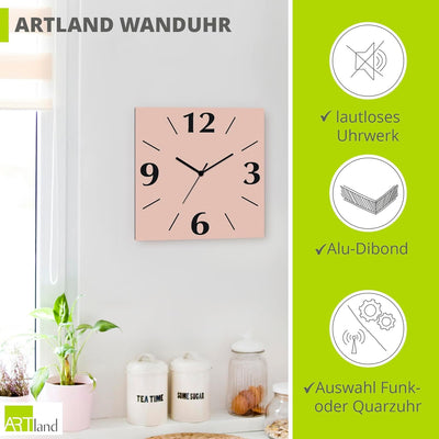 ARTLAND Wanduhr ohne Tickgeräusche Alu Quarzuhr 30x30 cm Quadratisch Lautlos 4 Ziffern Farbig Schlic