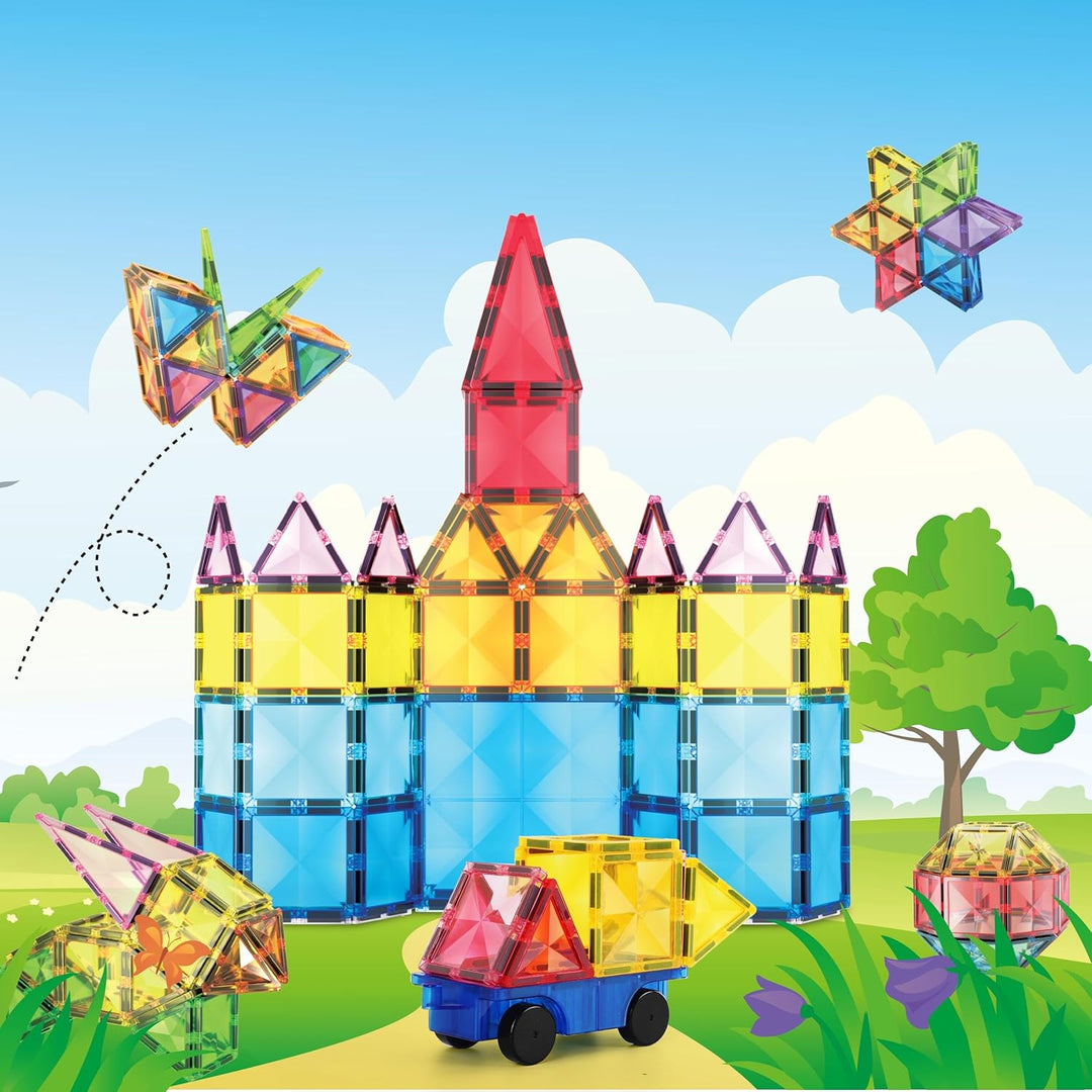 PicassoTiles Magnetische Bausteine in Diamantform, 63 Stück – Fliesenblöcke mit Auto und LKW – Set d
