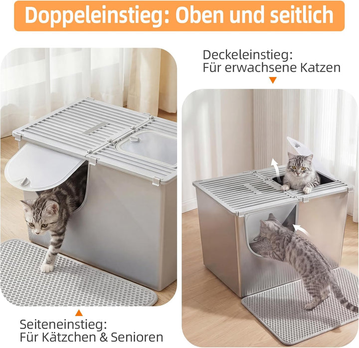 Yangbaga XXL Katzenklo Edelstahl mit Deckel:Geschlossene Katzentoilette mit Hohem Rand,Katzenklo Met