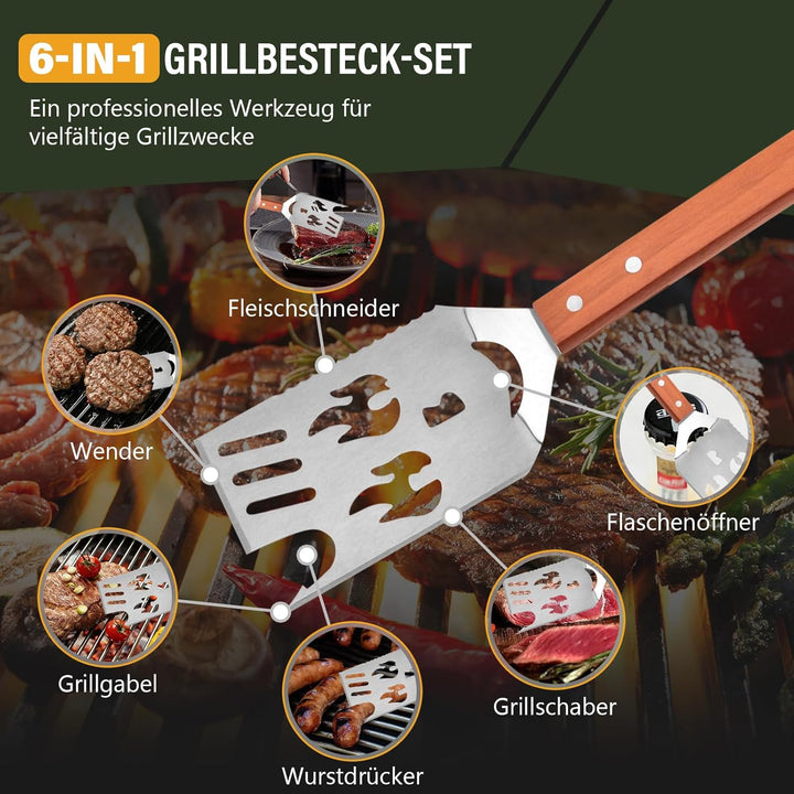 4 Stück Grillbesteck, Grill Zubehör Set mit Grillzange, Grillwender, Fleischgabel, Holzgriffen und A