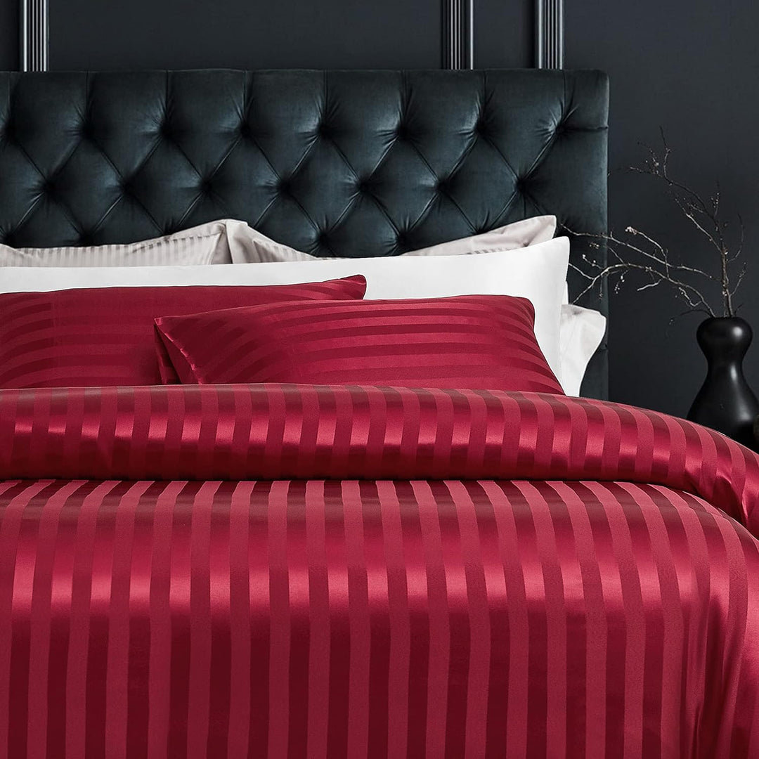 Damier Bettwäsche 135x200cm Rot Satin gestreift Bettbezug Set Seidig glänzend hochwertiges Satin Bet