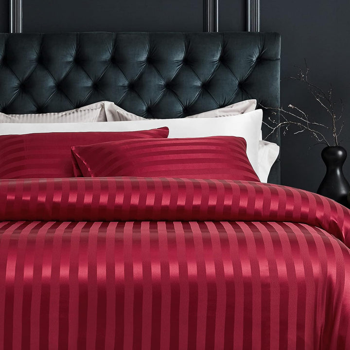 Damier Bettwäsche 155x220cm Rot Satin Glanz gestreift Bettwäsche Set Seidig glänzend Luxus Deckenbez