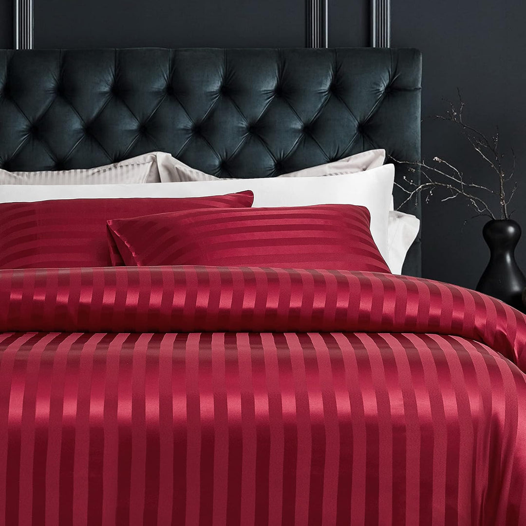 Damier Bettwäsche 155x220cm Rot Satin Glanz gestreift Bettwäsche Set Seidig glänzend Luxus Deckenbez
