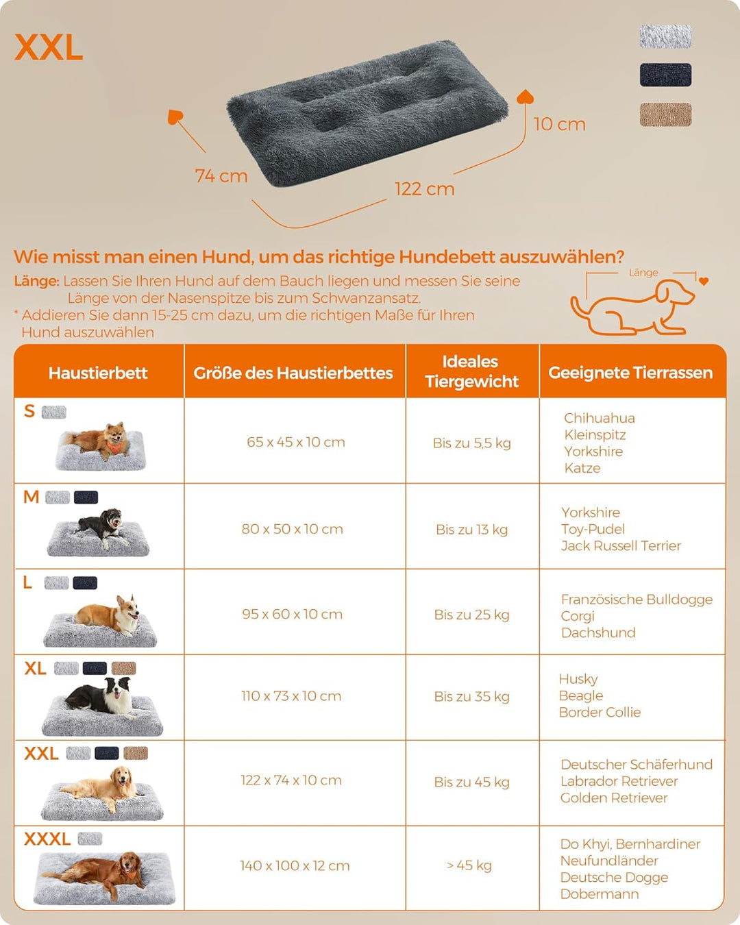 Feandrea Hundebett, Hundekissen, Flauschige Hundematte, Langer Plüsch, 122 x 74 cm, weiche Polsterun