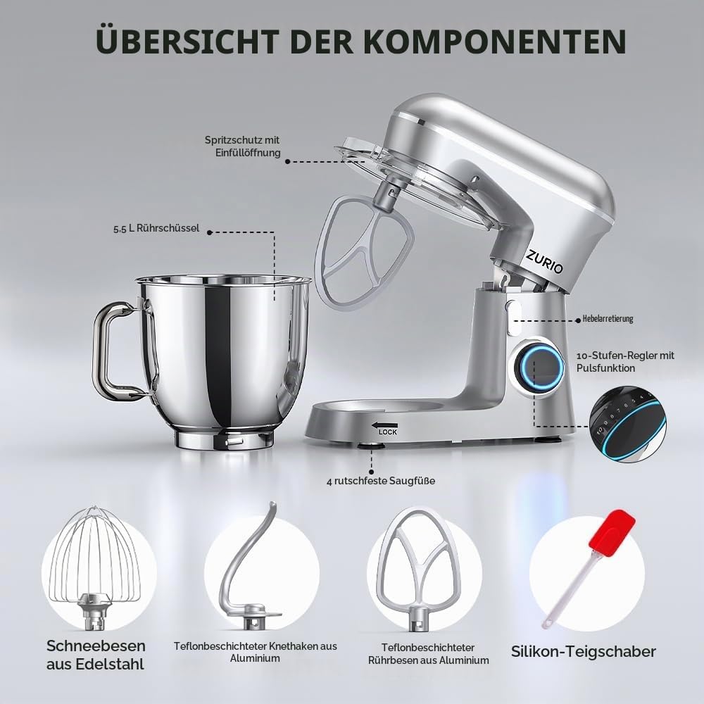 Küchenmaschine Rührmaschine 1300W Zurio 5.5L Knetmaschine Rührmaschine 10-Gang-Roboter-Knetmaschine