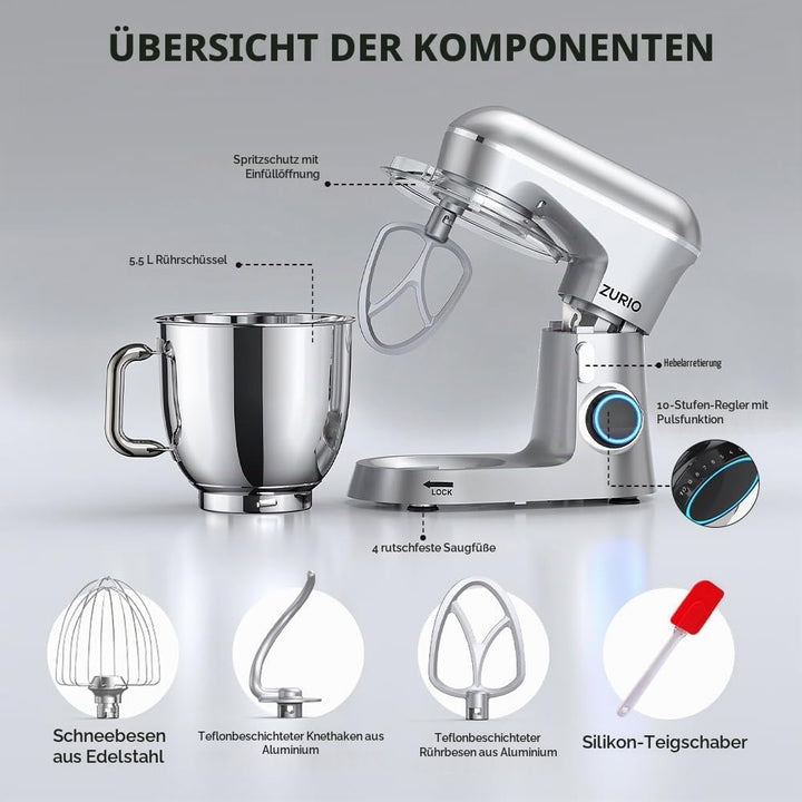 Küchenmaschine Rührmaschine 1300W Zurio 5.5L Knetmaschine Rührmaschine 10-Gang-Roboter-Knetmaschine