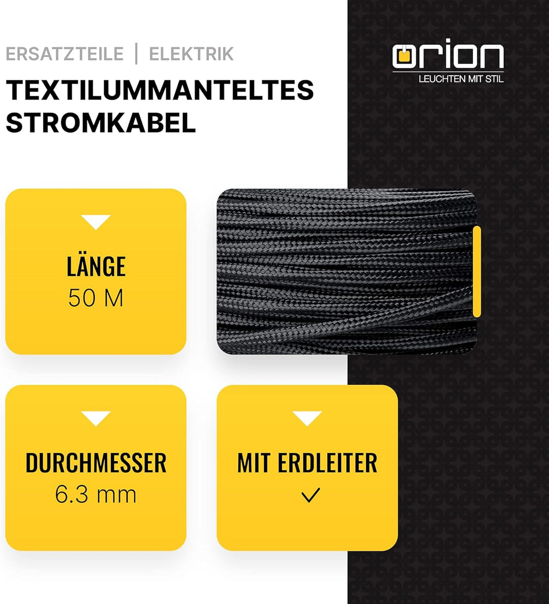 ORION LIGHTSTYLE Textilkabel für Lampen, 50 m Schwarz, 3-adrig, (3x 0,75 mm²) - Kunststoff Stromkabe