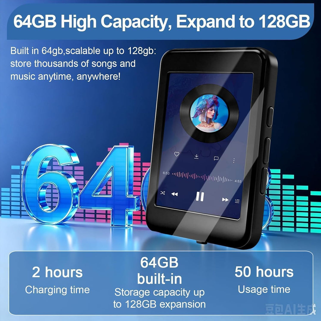 MP4 Player, 64 GB, Bluetooth 5.3, 2,4 Zoll Touchscreen | Tragbarer MP4-Player, Integrierter HD-Lauts