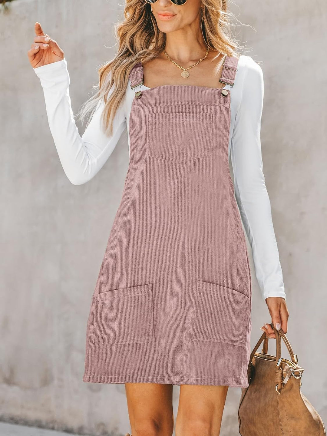 CUPSHE Damen Latzrock Quadratischer Ausschnitt Hosenträger Taschen Cord Latzkleid Overallkleid Freiz