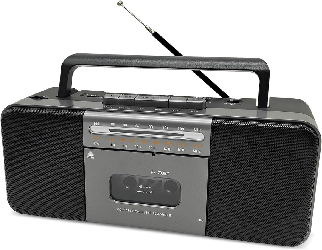 Tragbarer Bluetooth Kassettenspieler Boombox mit Kassettenrecorder, AM/FM/SW Radio, 10W Dual-Lautspr