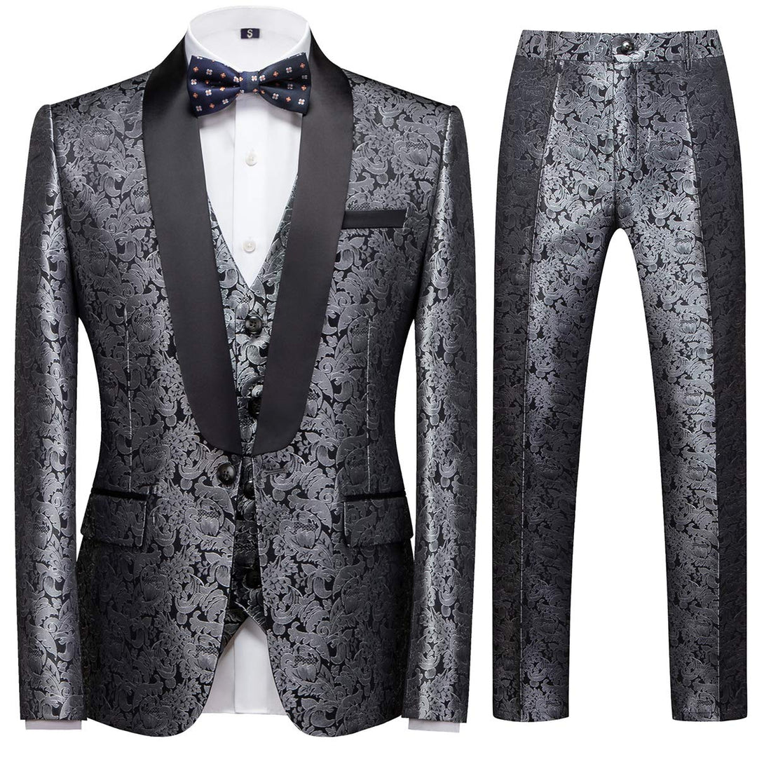 Sliktaa Anzug Herren 3-Teillig mit Schalkragen Muster Hochzeit Formell Business Smoking Jacke Weste