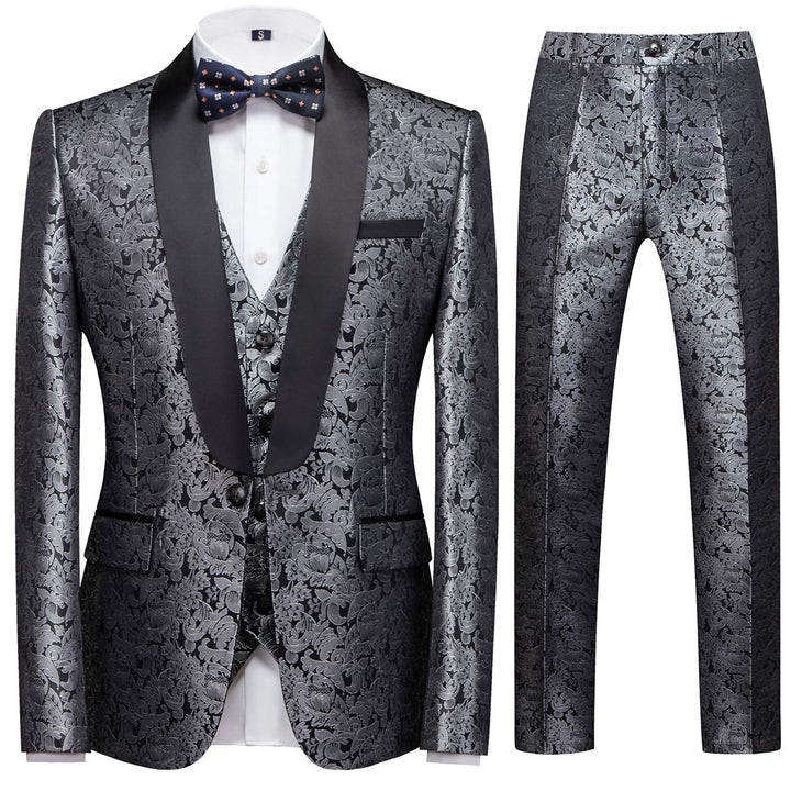 Sliktaa Anzug Herren 3-Teillig mit Schalkragen Muster Hochzeit Formell Business Smoking Jacke Weste
