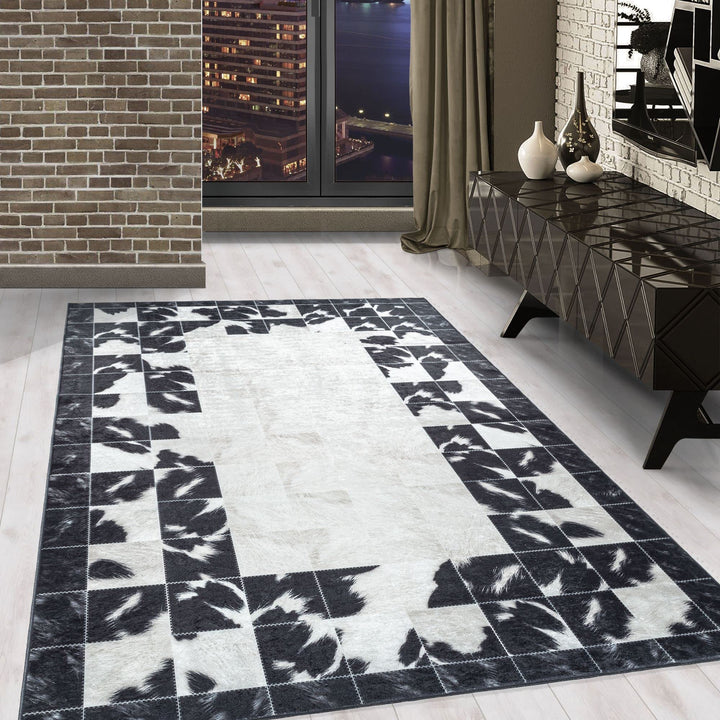 Waschbarer Teppich, Didigitaldruck Patchwork Felloptik, Rechteckig, Creme - Schwarz Farbe, Flachgewe