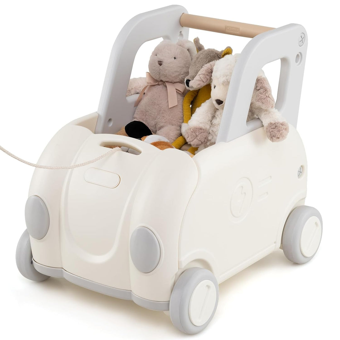 COSTWAY Baby Lauflernwagen, Lauflernhilfe mit Griff & Zugseil & Klappsitz, Spielzeugkiste auf Rädern