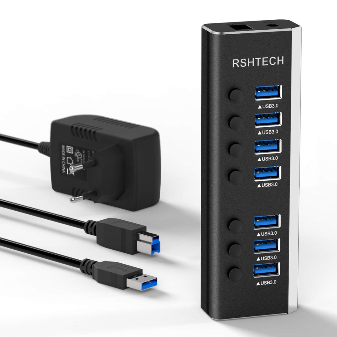 RSHTECH Aluminium 24W USB Hub Aktiv 3.0 mit 12V/2A Netzteil, 7-Port USB 3.0 Hub Multiport USB 3.0 Ve