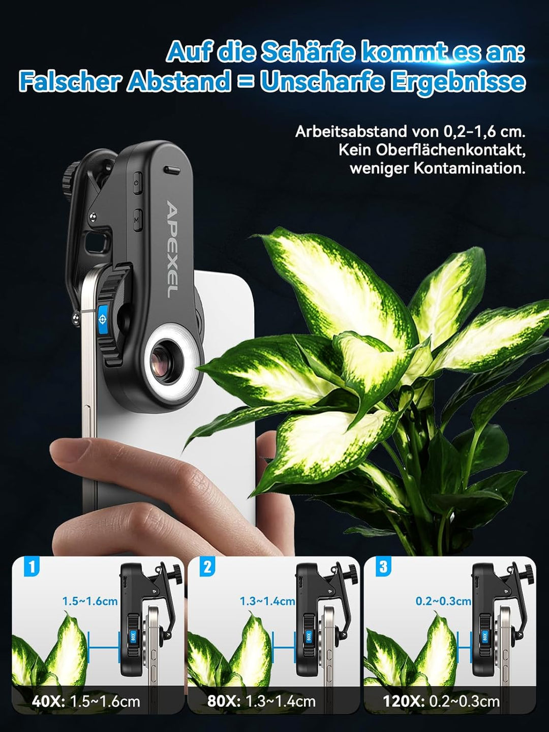 Apexel TriScope 3-in-1 Smartphone-Mikroskop- 40X/80X/120X Handy Mikroskop, Dual-LED & UV-Licht,Unive