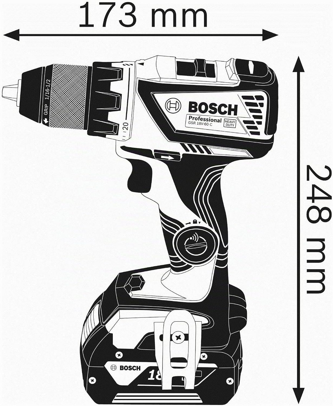 Bosch Professional 18V System Akku Bohrschrauber GSR 18V-60 C (max. Drehmoment 60 Nm, ohne Akku/ Lad