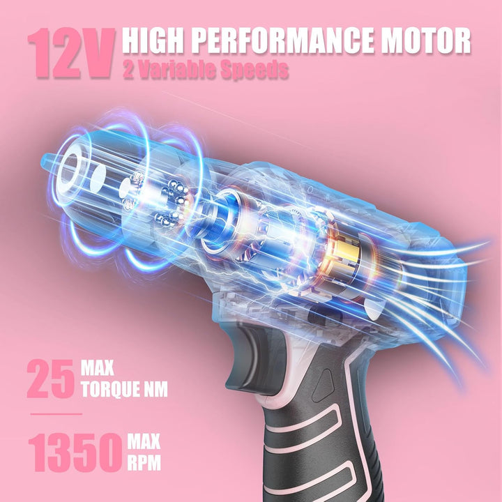 Sundpey Werkzeugkoffer Gefüllt 206tlg, 12V Akkuschrauber zum Anziehen/Lösen von Schrauben, Haushalts