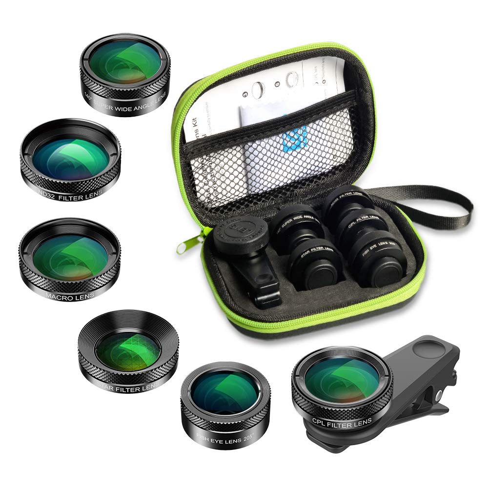 APEXEL 6 in 1 Handy-Objektiv-Kit, Super 205 ° Fischaugenobjektiv + 140 ° Weitwinkelobjektiv und 25x