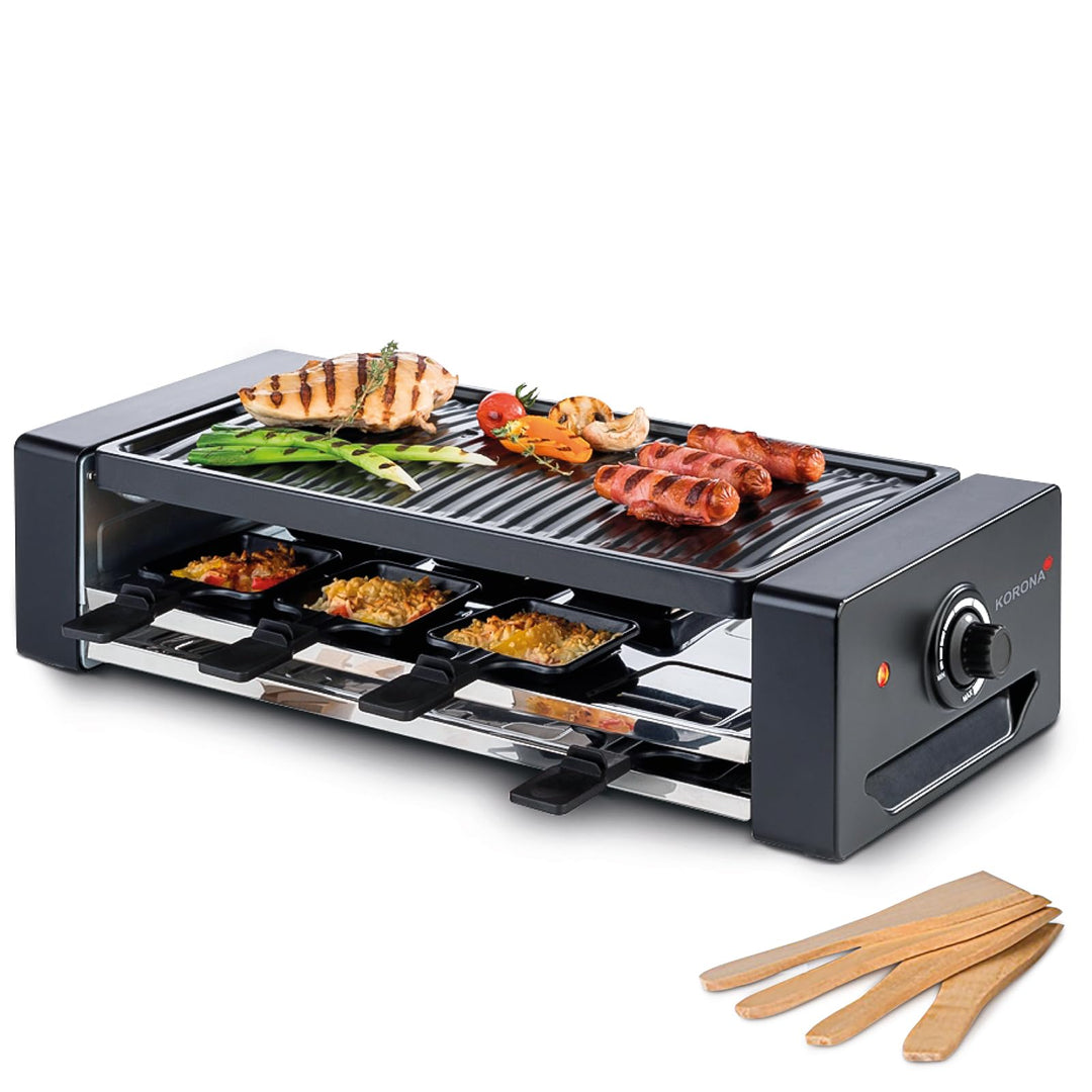 Korona 45070 Raclette für 8 Personen | 8 Pfannen & Spatel | Extra Pfannenablage | Mit antihaftbeschi