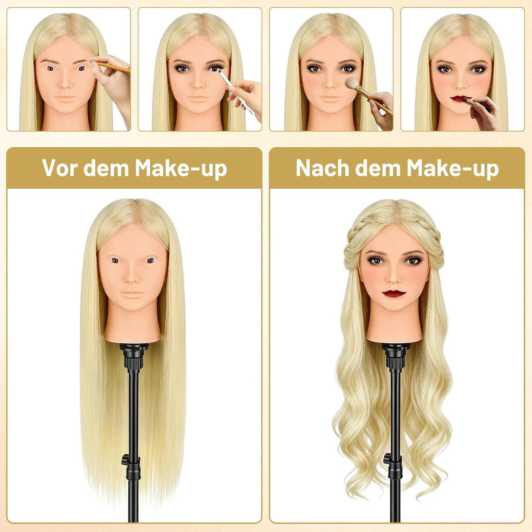 TwoWin Friseurkopf mit Haaren, 26 Zoll (66 cm) 80% Echthaar Mannequin Kopf, Make-up Übungskopf, Trai