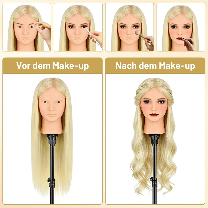 TwoWin Friseurkopf mit Haaren, 26 Zoll (66 cm) 80% Echthaar Mannequin Kopf, Make-up Übungskopf, Trai