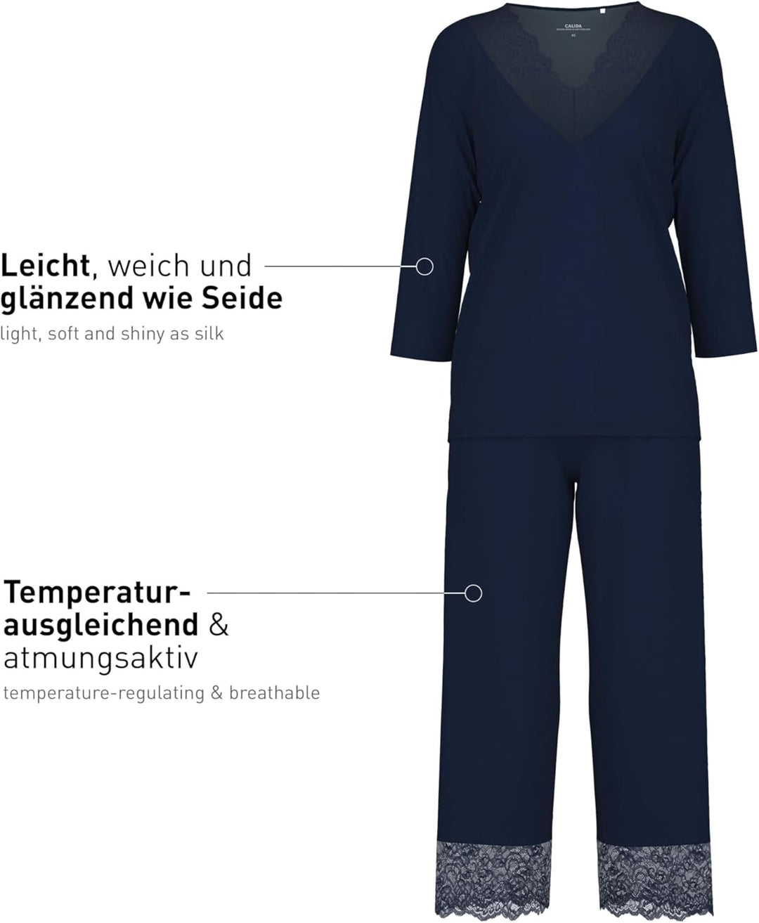 CALIDA Elegant Dreams 7/8-Pyjama Damen, luftiger Schnitt, mit Spitzendetails, fliessend und anschmie