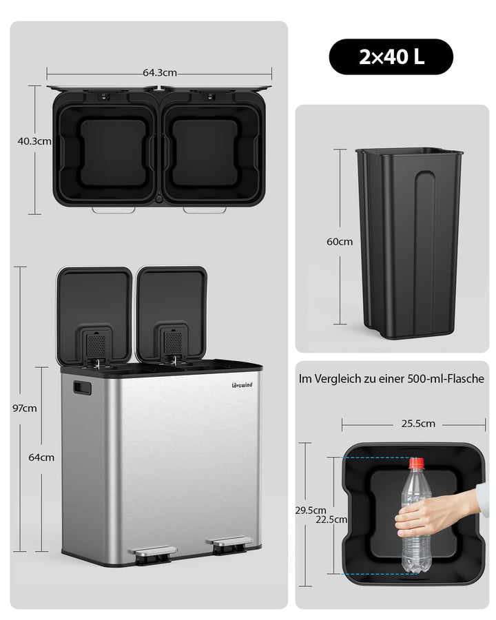 lovewind Mülleimer, 2 x 40L Mülleimer Küche, Doppeleimer für Recycling und Abfall, Silber, Mülleimer