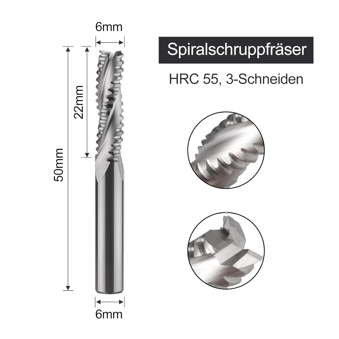 Hartmetall Schaftfräser 6mm, 22mm Schnittlänge，3 Zähne/3 Schneiden Schruppfräse CNC Fräser, HRC 55,