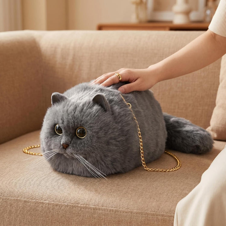 HUIJUFU Realistische Puffy-Plüsch-Katzentasche in Form Einer Umhängetasche für Frauen (Blaue Katze),