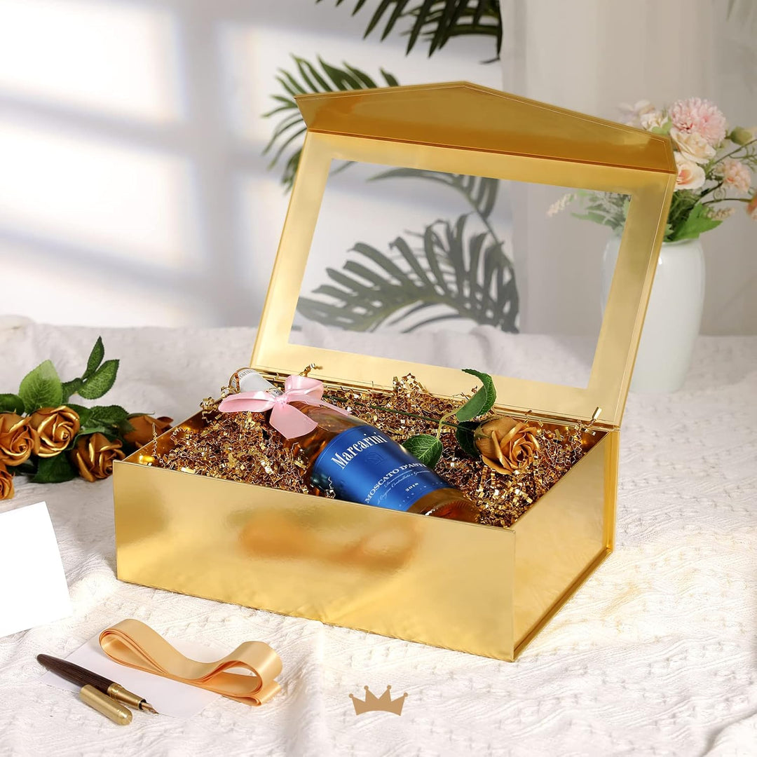 PACKQUEEN 5 grosse goldene Geschenkboxen mit Fenster, 34,9 x 22,9 x 10,4 cm, transparente Geschenkbo