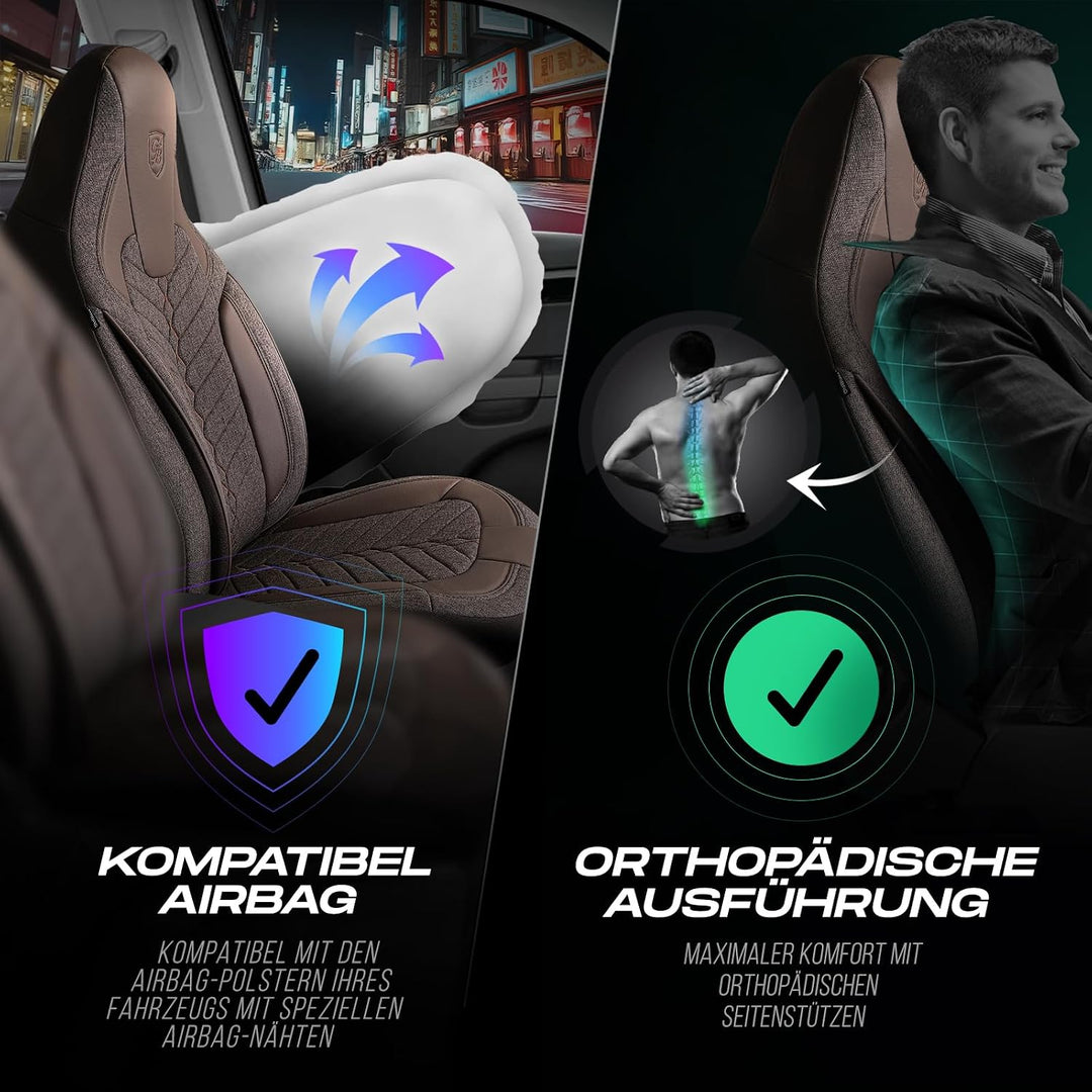 Autositzbezüge Universal für PKW &amp; SUV – Premium Vordersitze Auto Sitzbezug aus Leinen, Braun, Airba