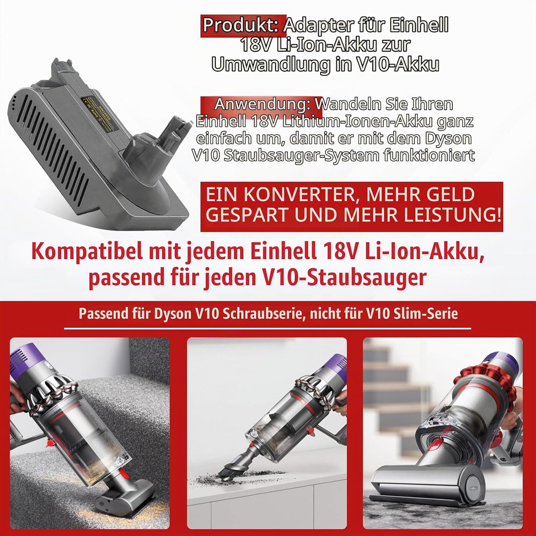 JJXNDO für Dyson V10 Akku Ersatz, V10 Adapter für Einhell 18V Li-Ionen Akku Power X-Change Konverter