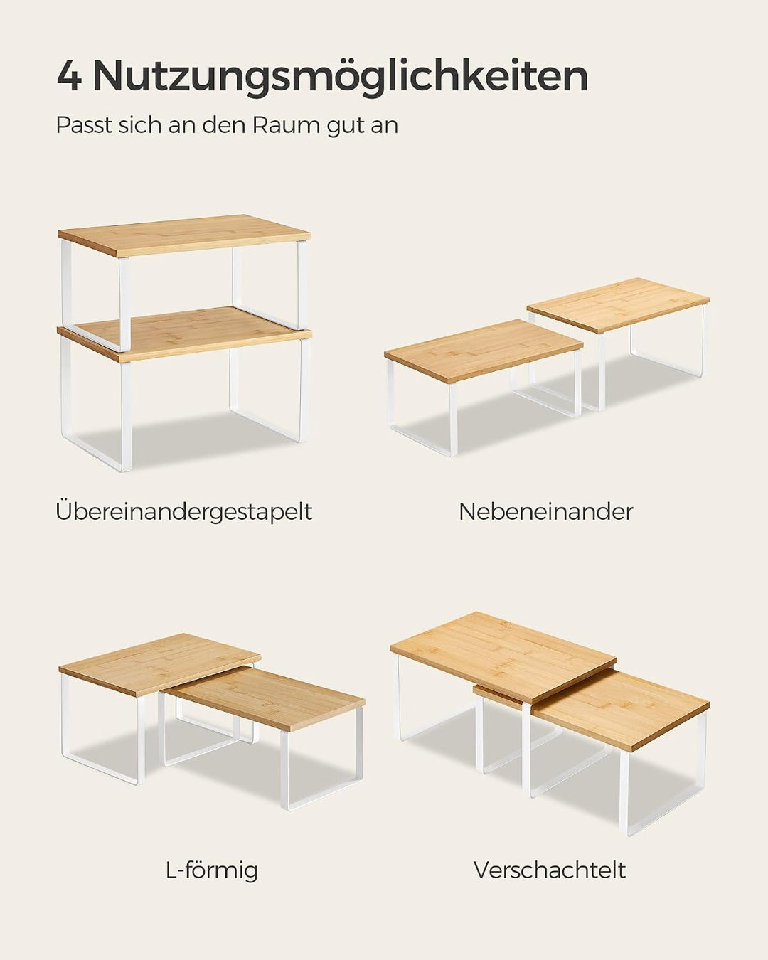 SONGMICS Gewürzregal, 4er Set, Küchenregal, Küchen-Organizer, erweiterbar, Gewürzhalter, stapelbar,
