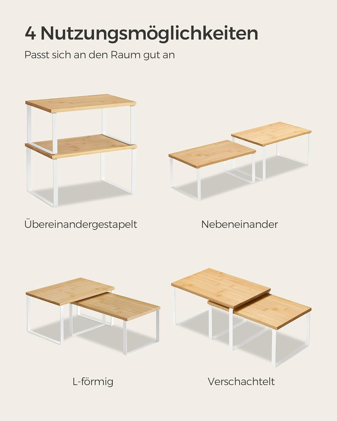 SONGMICS Gewürzregal, 4er Set, Küchenregal, Küchen-Organizer, erweiterbar, Gewürzhalter, stapelbar,