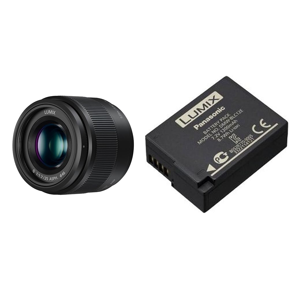 Panasonic Lumix 25 mm F1.7 | H-H025E-K Prime Objektiv, Schwarz & LUMIX DMW-BLC12E Li-Ionen Akku 7,2V
