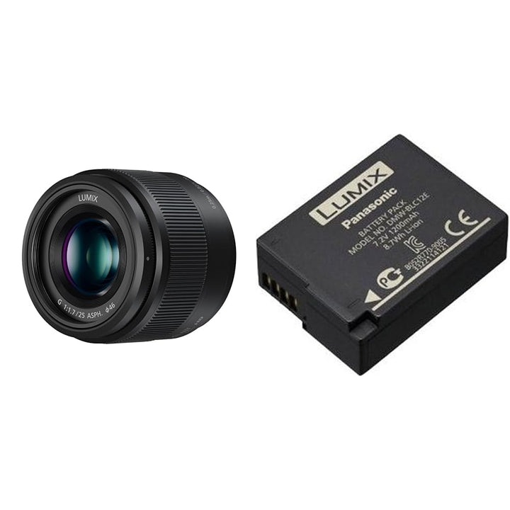Panasonic Lumix 25 mm F1.7 | H-H025E-K Prime Objektiv, Schwarz & LUMIX DMW-BLC12E Li-Ionen Akku 7,2V