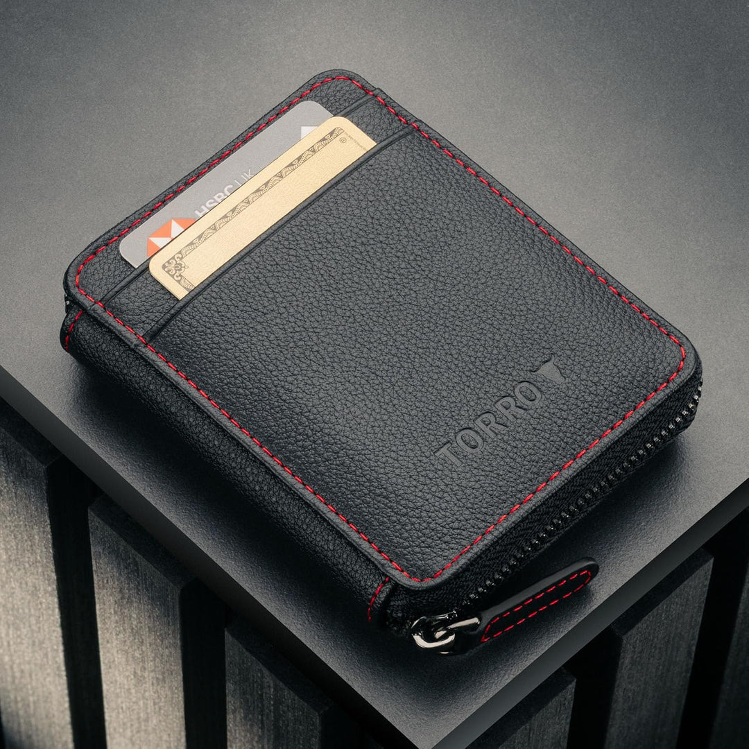 TORRO Leder-Kartenhalter mit Münzfach – RFID Blocker Echtleder Kartenfächern mit Münzfach mit Reissv