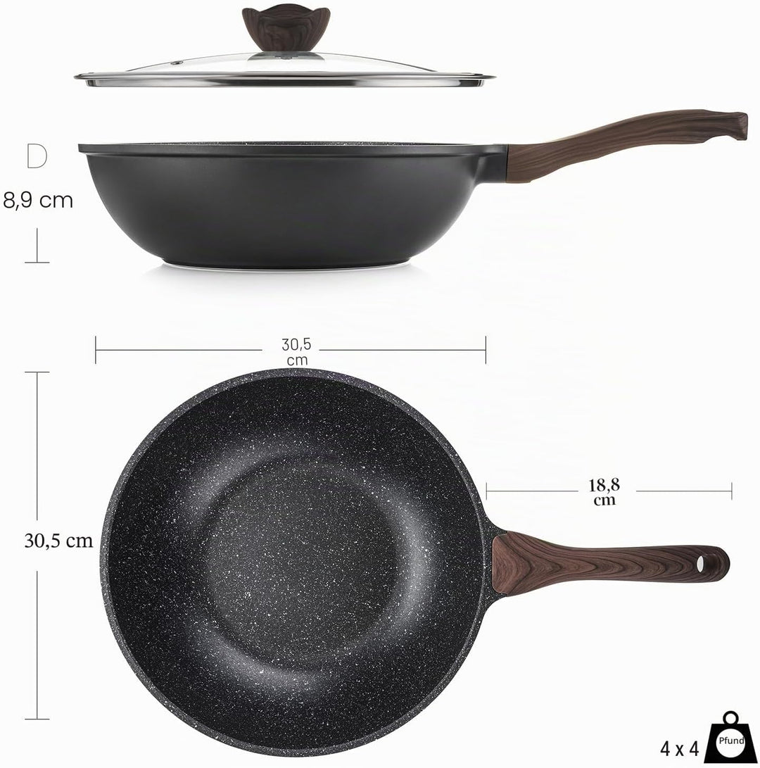 Kordisen Wokpfanne induktion, 30,5 cm Nonstick Wokpfanne mit Deckel, Woks & Bratpfannen, Granitstein