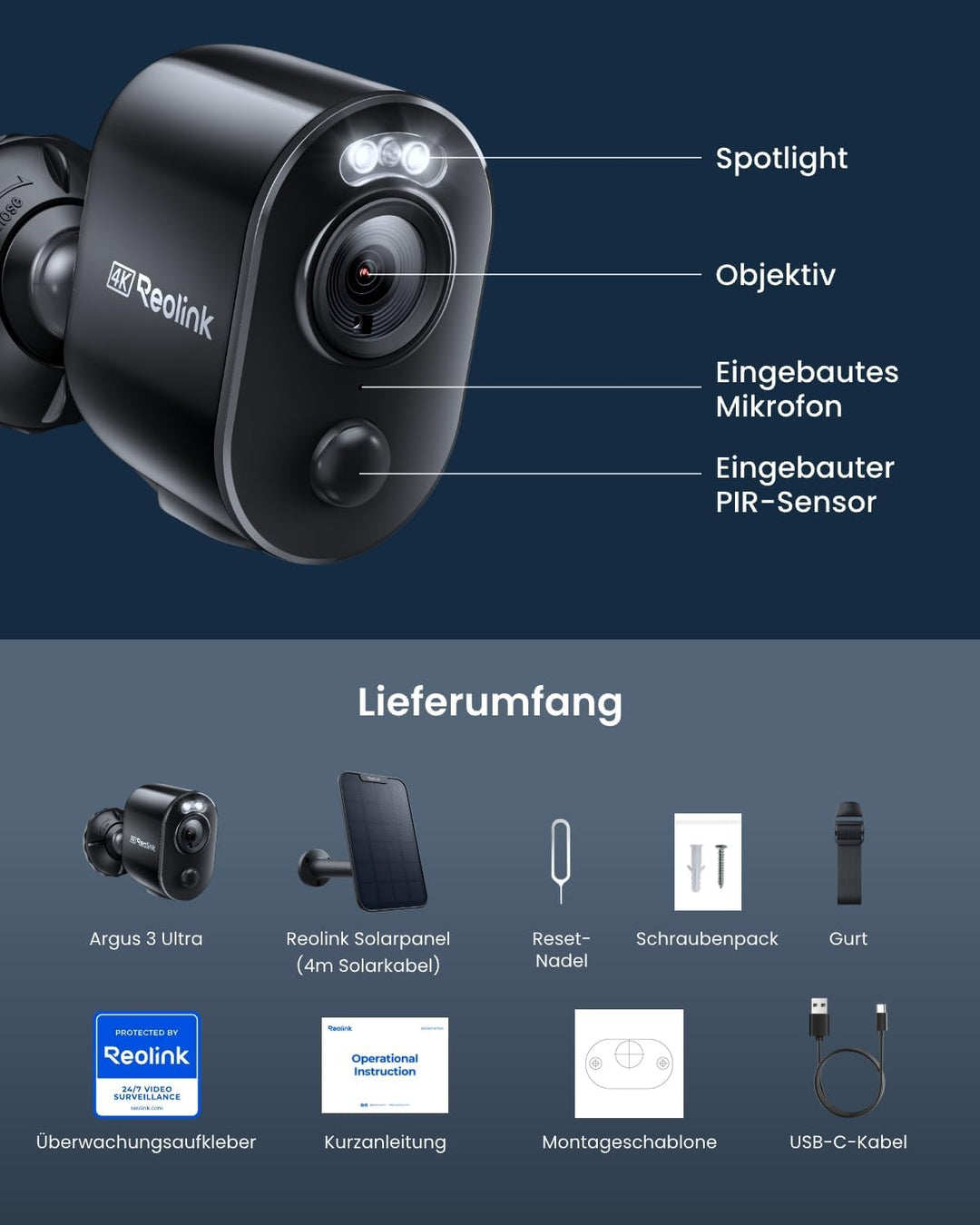 Reolink Solar Überwachungskamera Aussen Akku WLAN, 2K 4MP Farbnachtsicht, Personen/Fahrzeugerkennung