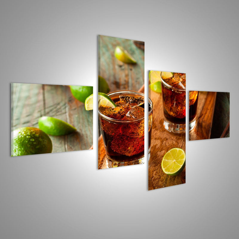 Bild auf Leinwand Rum Cola Cuba Libre Wandbild Poster Kunstdruck Bilder Format: 150x80cm - 4 Teile,