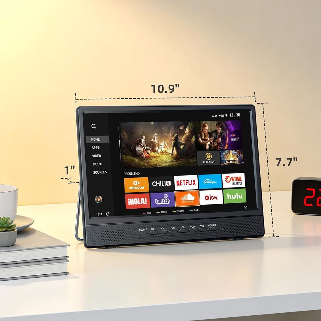 DESOBRY 12 Zoll Tragbarer Smart TV mit Android, Mini Fernseher für Küche, Caravan, Camping, HDMI USB
