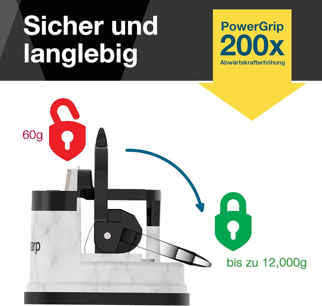 AnySharp Messerschärfer, Freihändige Sicherheit, PowerGrip Saugnapf, Sicheres Schärfen aller Küchenm