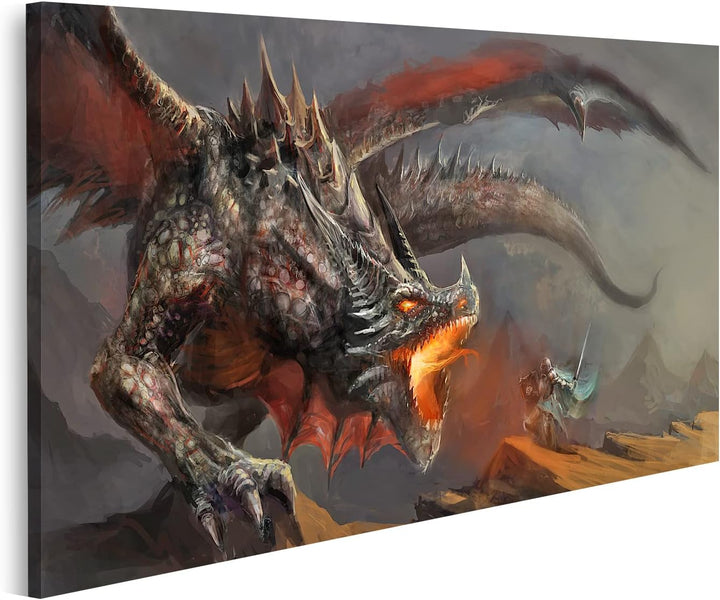 islandburner Bild auf Leinwand Ritter Kampf Feuerspeiender Drache Fantasy Bilder Wandbilder Poster L