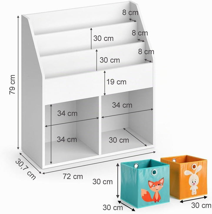 Vicco Kinderregal Luigi, Weiss, 72 x 79 cm mit 2 Faltboxen Opt.1 Weiss 72x79 mit Faltboxen Fuchs/Has