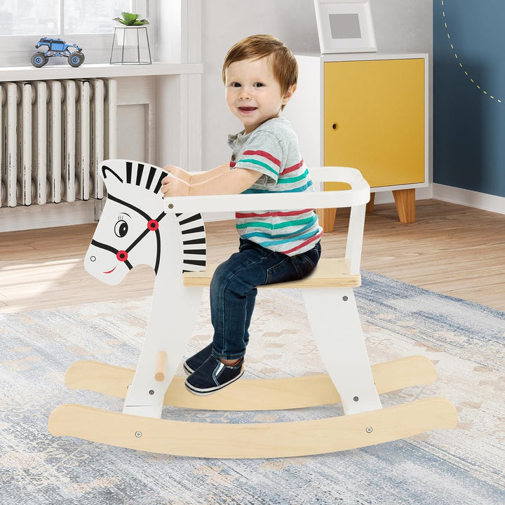 COSTWAY 2 in 1 Zebra Schaukelpferd, Schaukeltier aus Holz mit abnehmbaren Zäunen & Rückenlehne, Scha