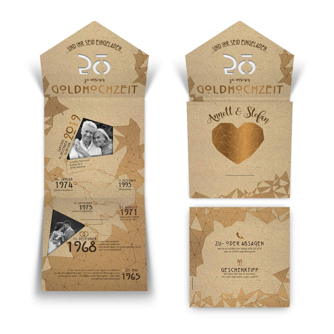 20 x Individuelle Lasergeschnittene goldene Hochzeit Einladungskarten als Klappkarte mit Steckverssc