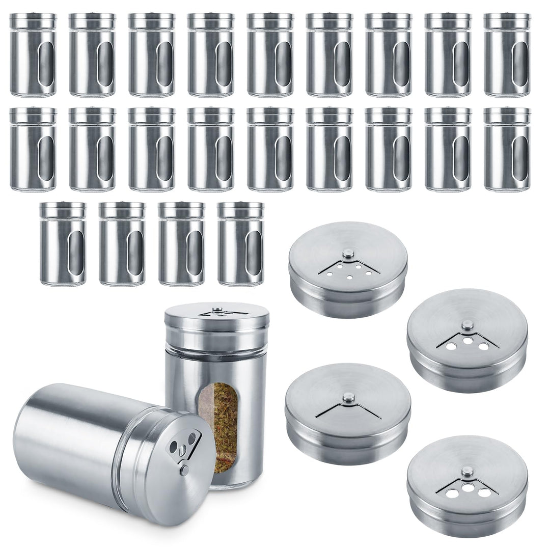 WOPPLXY 24 Stück Gewürzdosen, 100ml Silber Gewürzstreuer mit 3-fach Streuregulierung und Sichtfenste