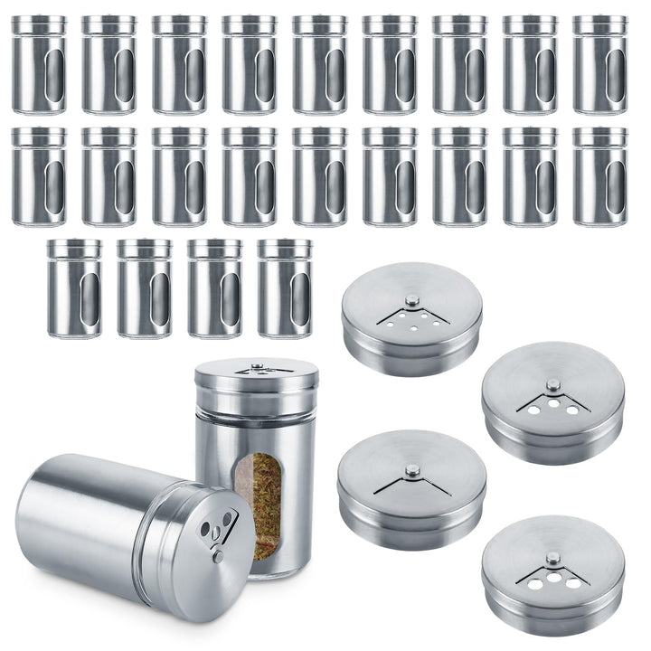 WOPPLXY 24 Stück Gewürzdosen, 100ml Silber Gewürzstreuer mit 3-fach Streuregulierung und Sichtfenste