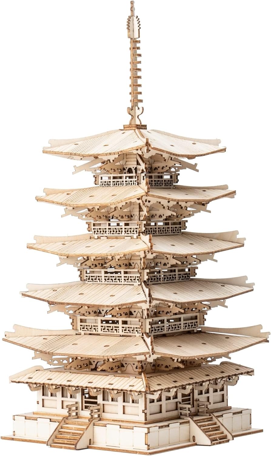 ROBOTIME 3D Puzzles Holz Mechanischer Modellbausätze DIY Fünfstöckige Pagode Bastelsets Kreative Puz